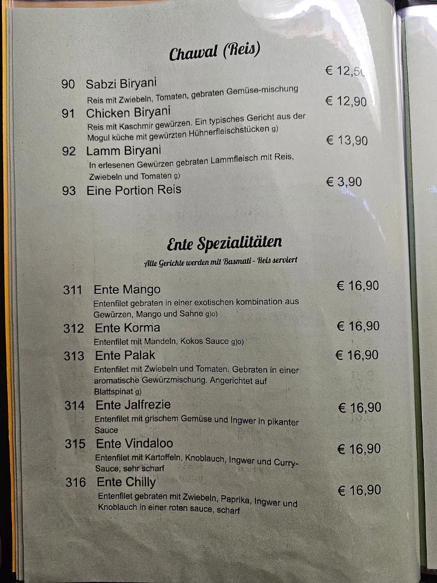 Speisekarte, Mumbai Indisches Restaurant