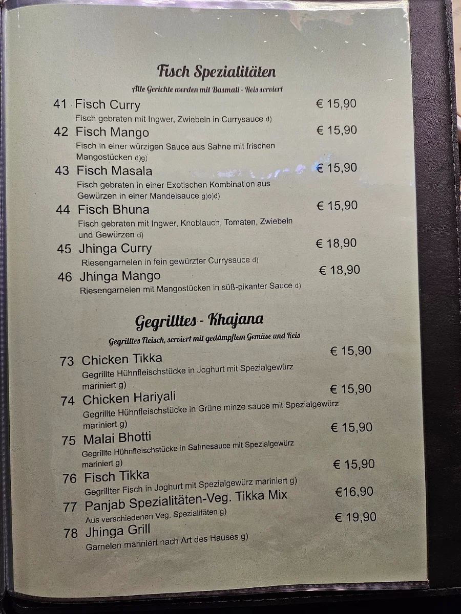 Speisekarte, Mumbai Indisches Restaurant