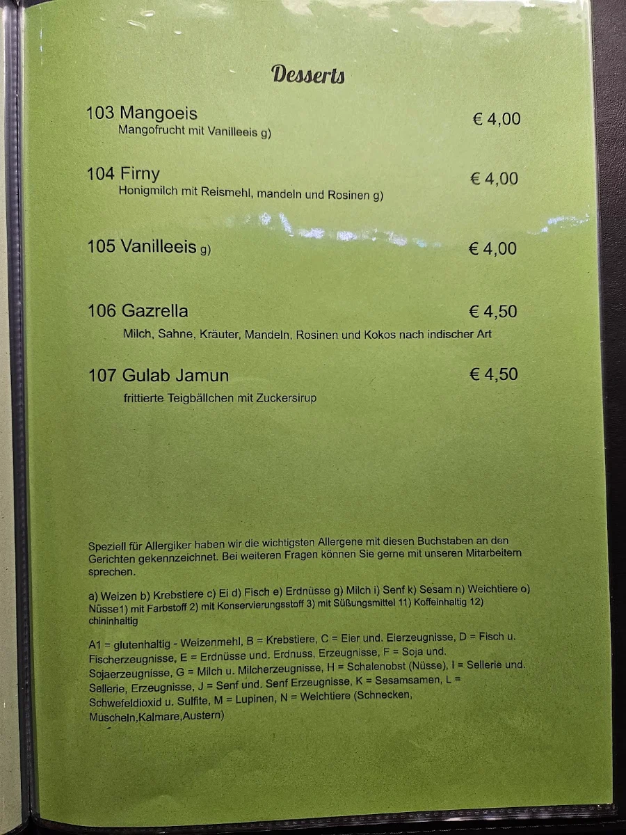 Speisekarte, Mumbai Indisches Restaurant