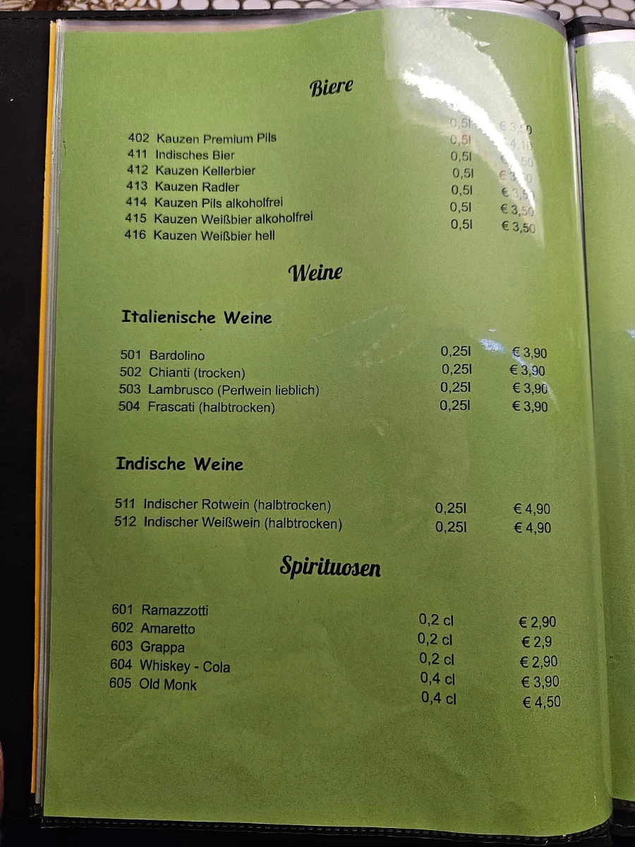 Speisekarte, Mumbai Indisches Restaurant