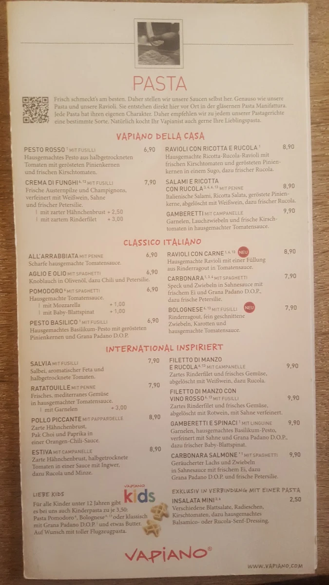 Speisekarte, VAPIANO Köln Mediapark