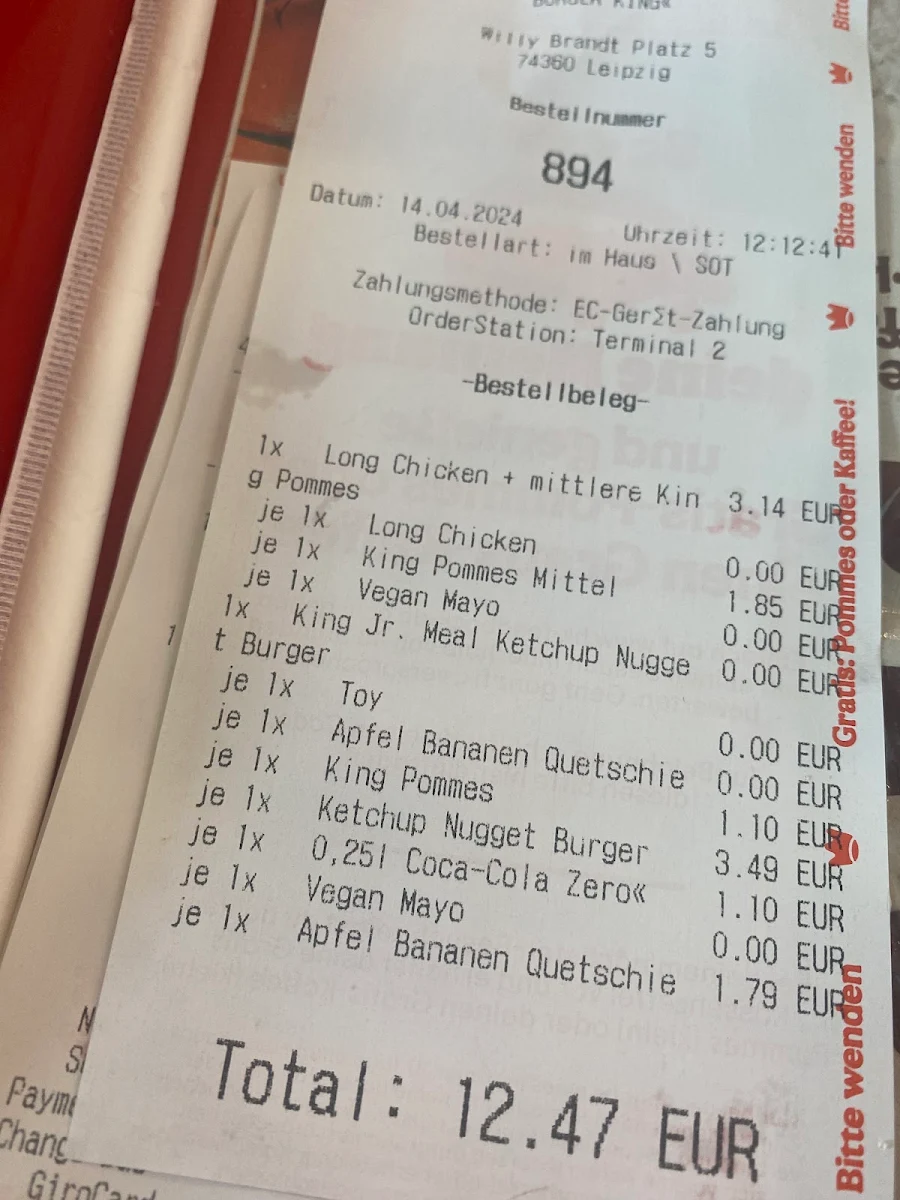 Speisekarte, Burger King Leipzig
