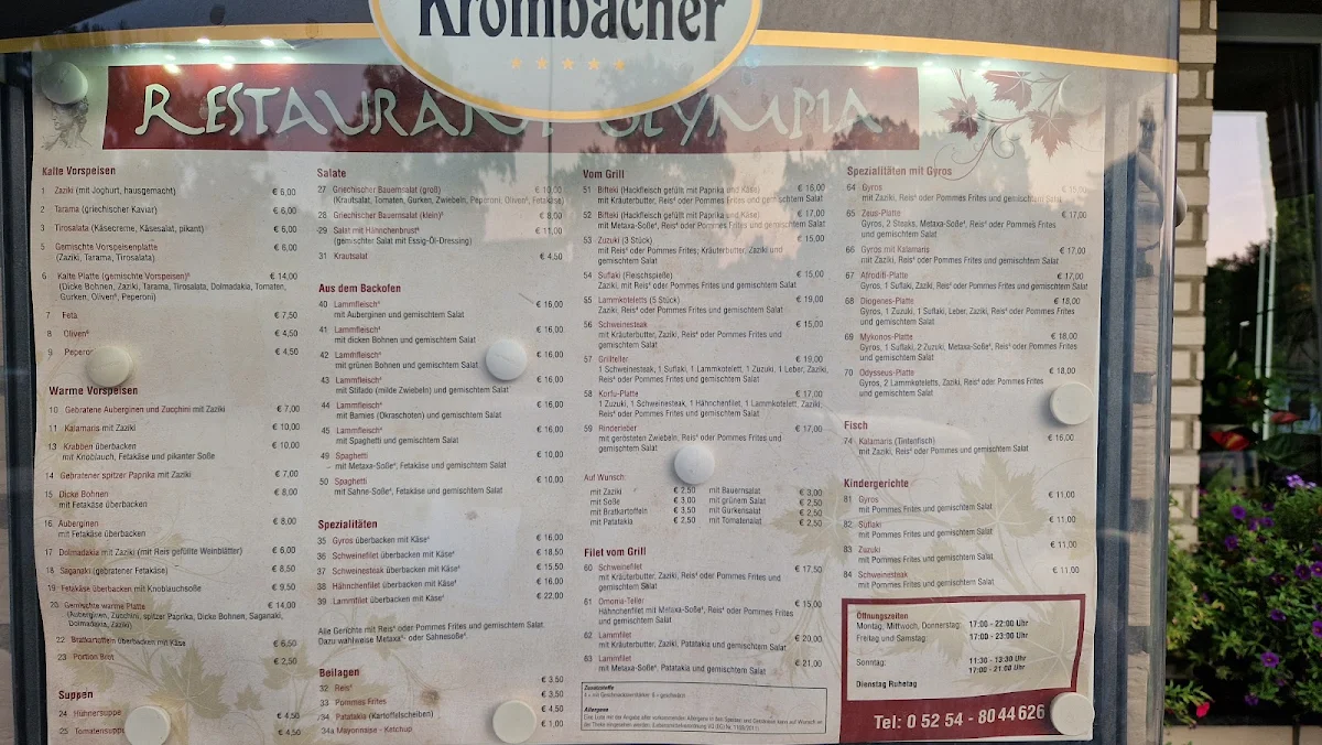 Speisekarte, Restaurant Olympia