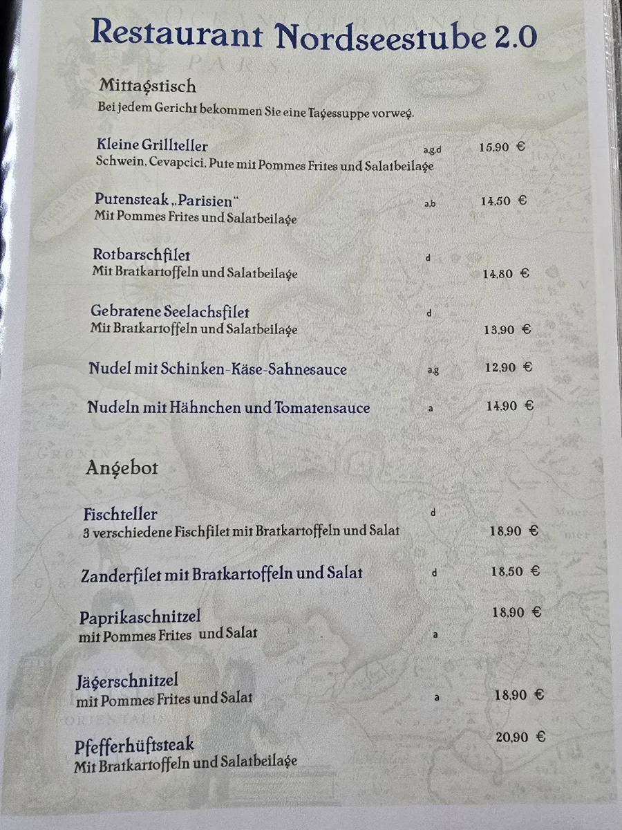 Speisekarte, Restaurant Nordseestube 2.0