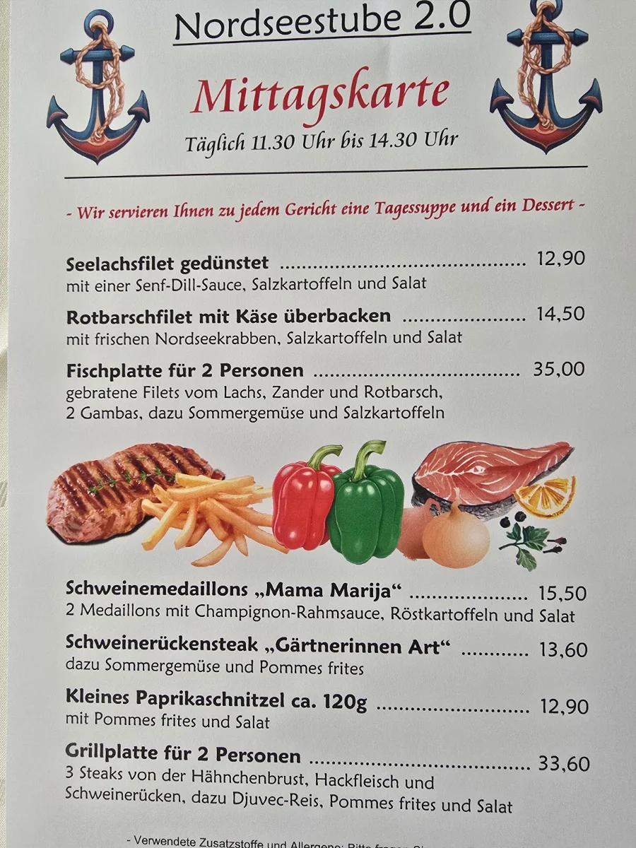 Speisekarte, Restaurant Nordseestube 2.0