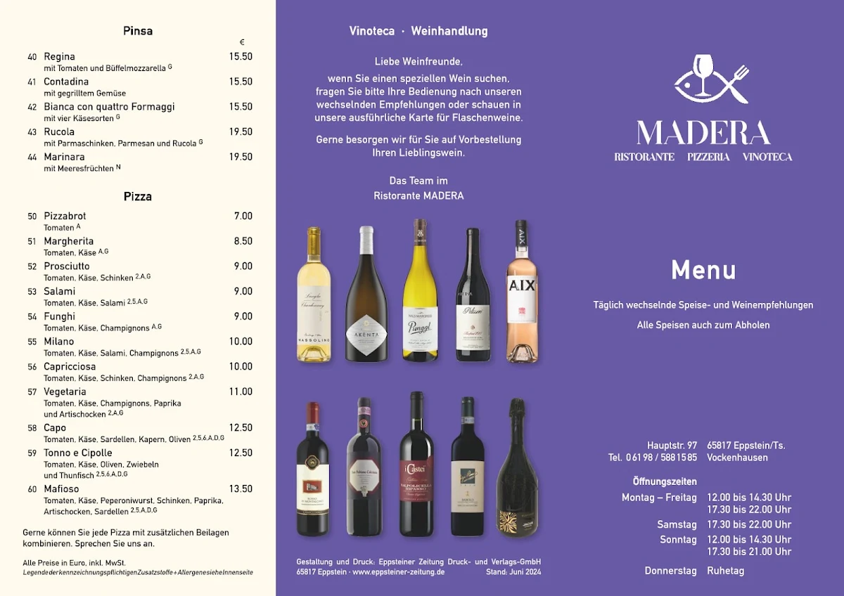 Speisekarte, Ristorante MADERA