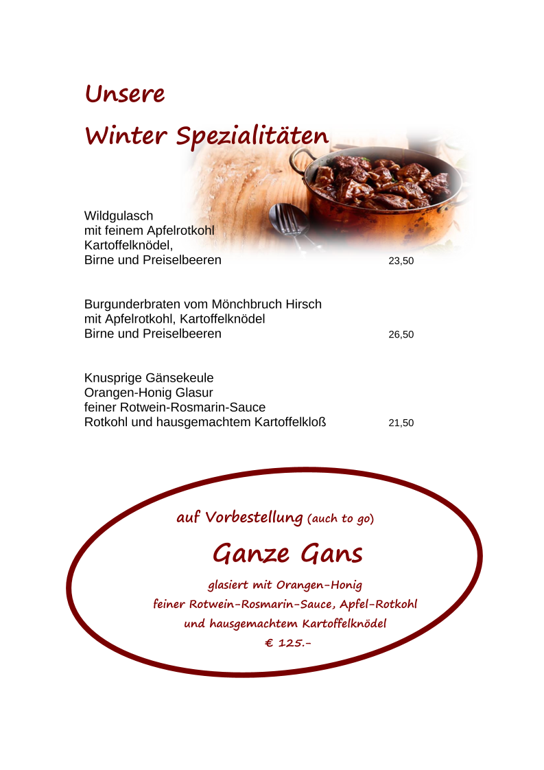 Speisekarte, Müllerstube, Jagdschloß Mönchbruch