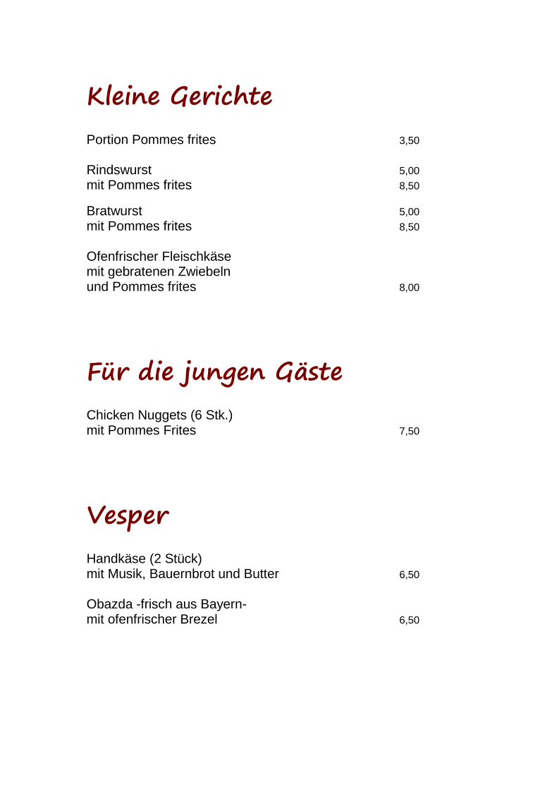Speisekarte, Müllerstube, Jagdschloß Mönchbruch