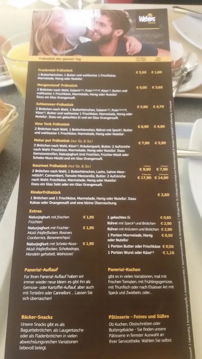 Speisekarte, Webers Bäckerladen!