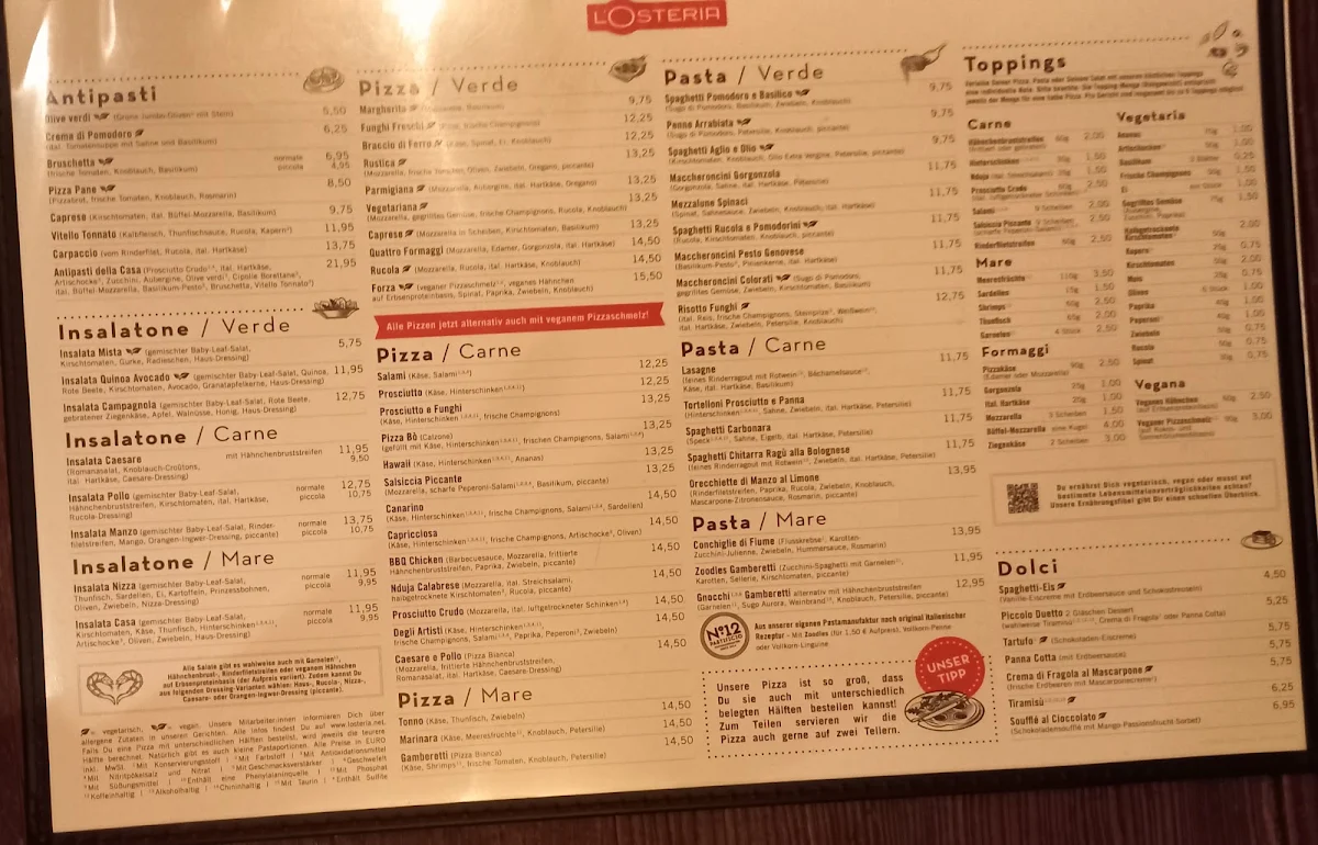 Speisekarte, L'Osteria Düsseldorf Berliner Allee