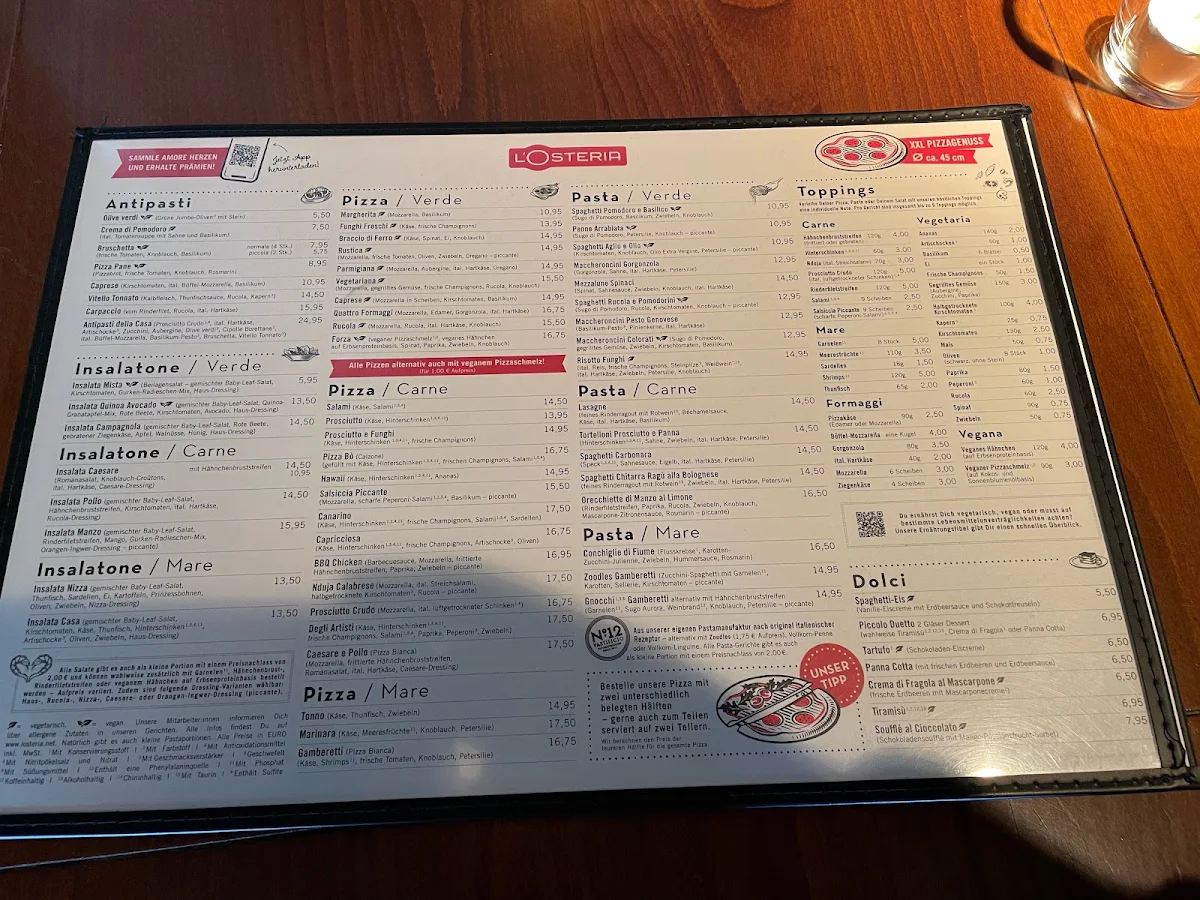 Speisekarte, L'Osteria Düsseldorf Berliner Allee