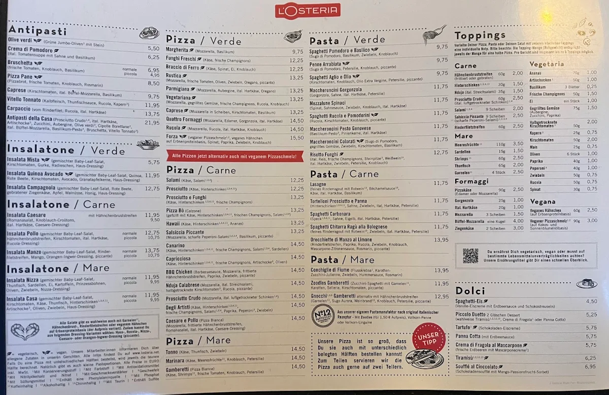 Speisekarte, L'Osteria München Bauhausplatz