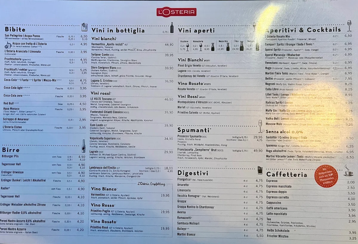 Speisekarte, L'Osteria München Bauhausplatz