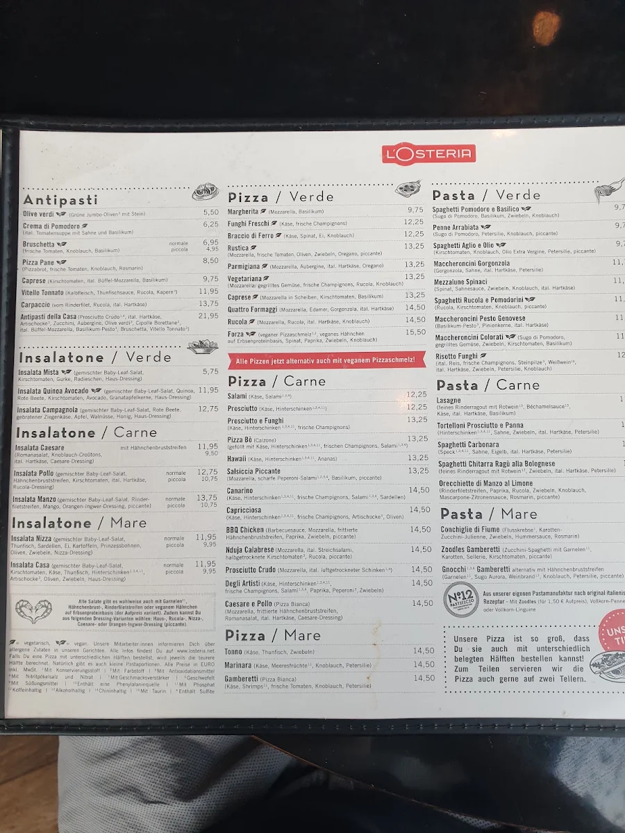 Speisekarte, L'Osteria München Bauhausplatz