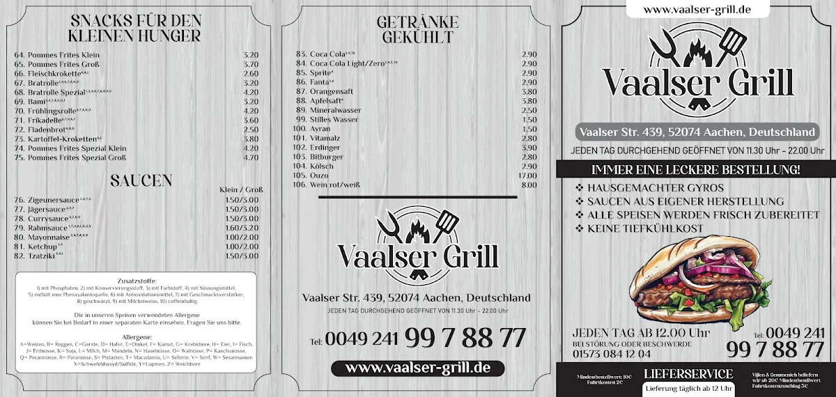 Speisekarte, Vaalser Grill