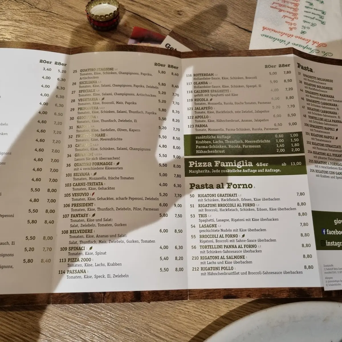 Speisekarte, Pizzeria Giovanni