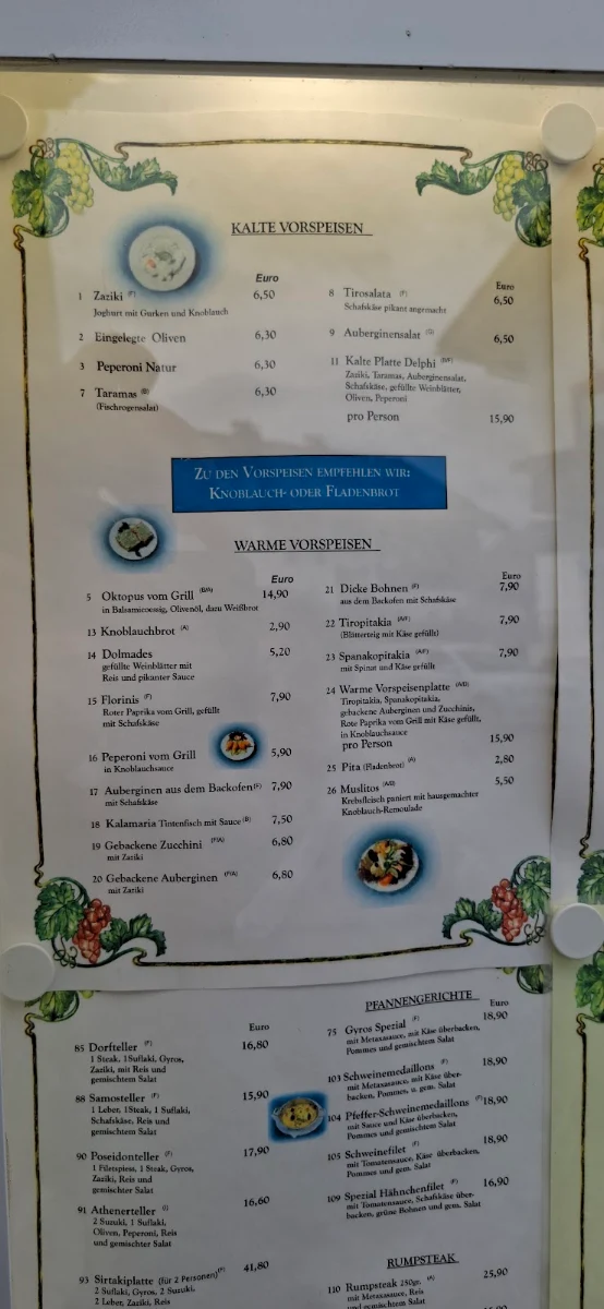Speisekarte, Restaurant Delphi