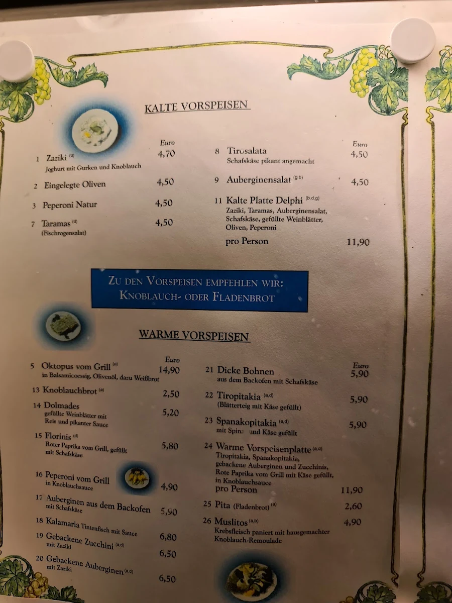 Speisekarte, Restaurant Delphi