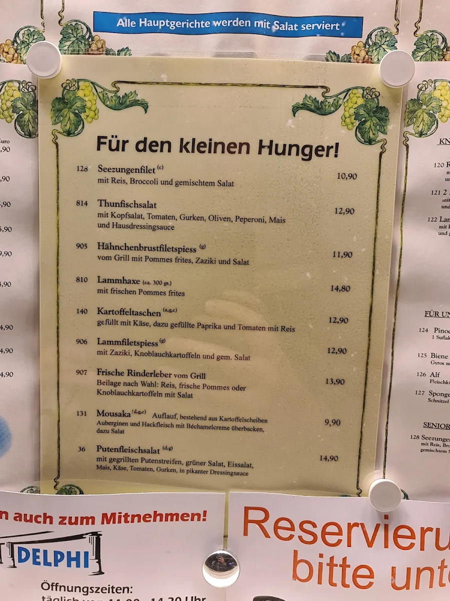 Speisekarte, Restaurant Delphi