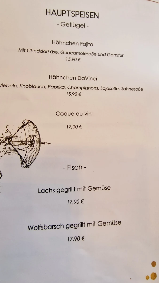 Speisekarte, Da Vinci Restaurant