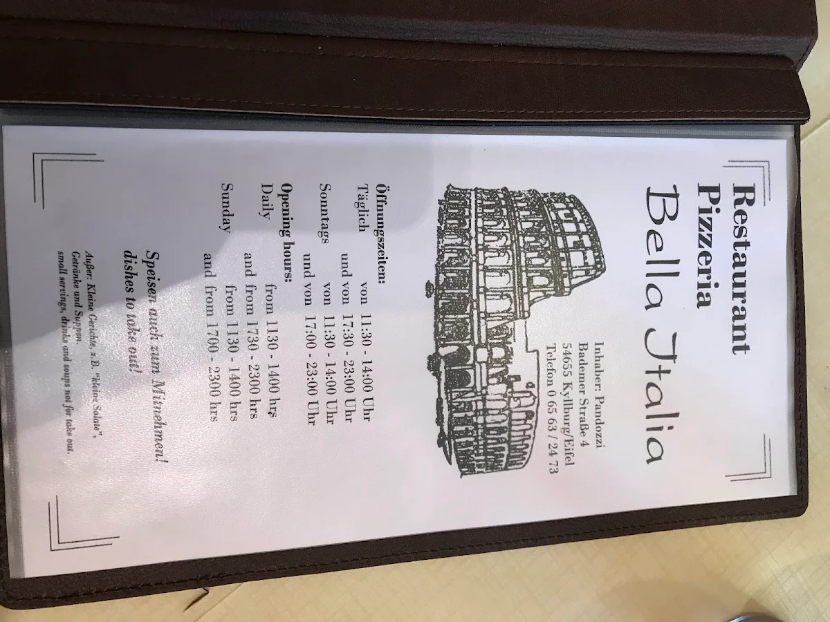 Speisekarte, Pizzeria Bella Italia