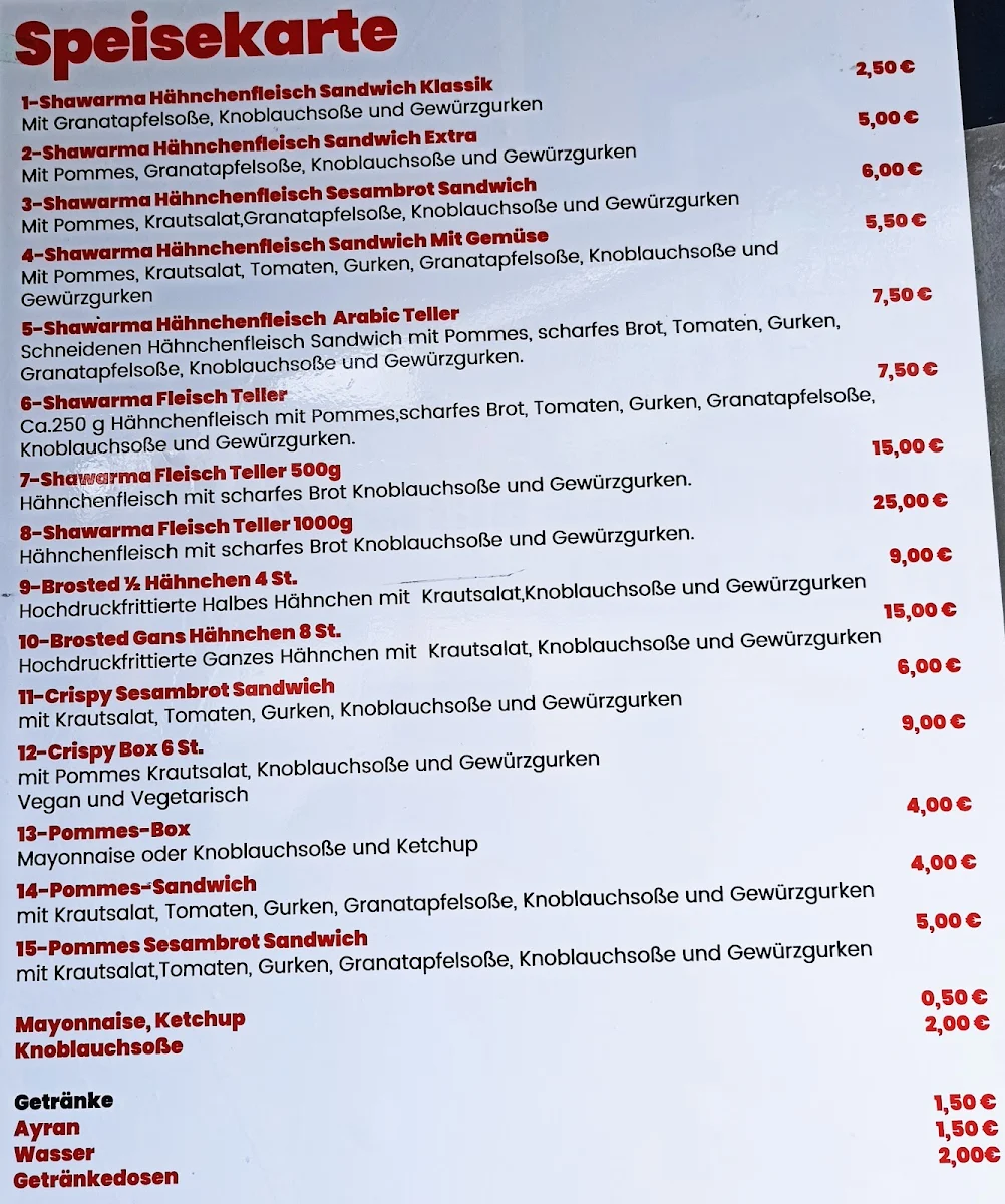 Speisekarte, Shawarma Point Mainz