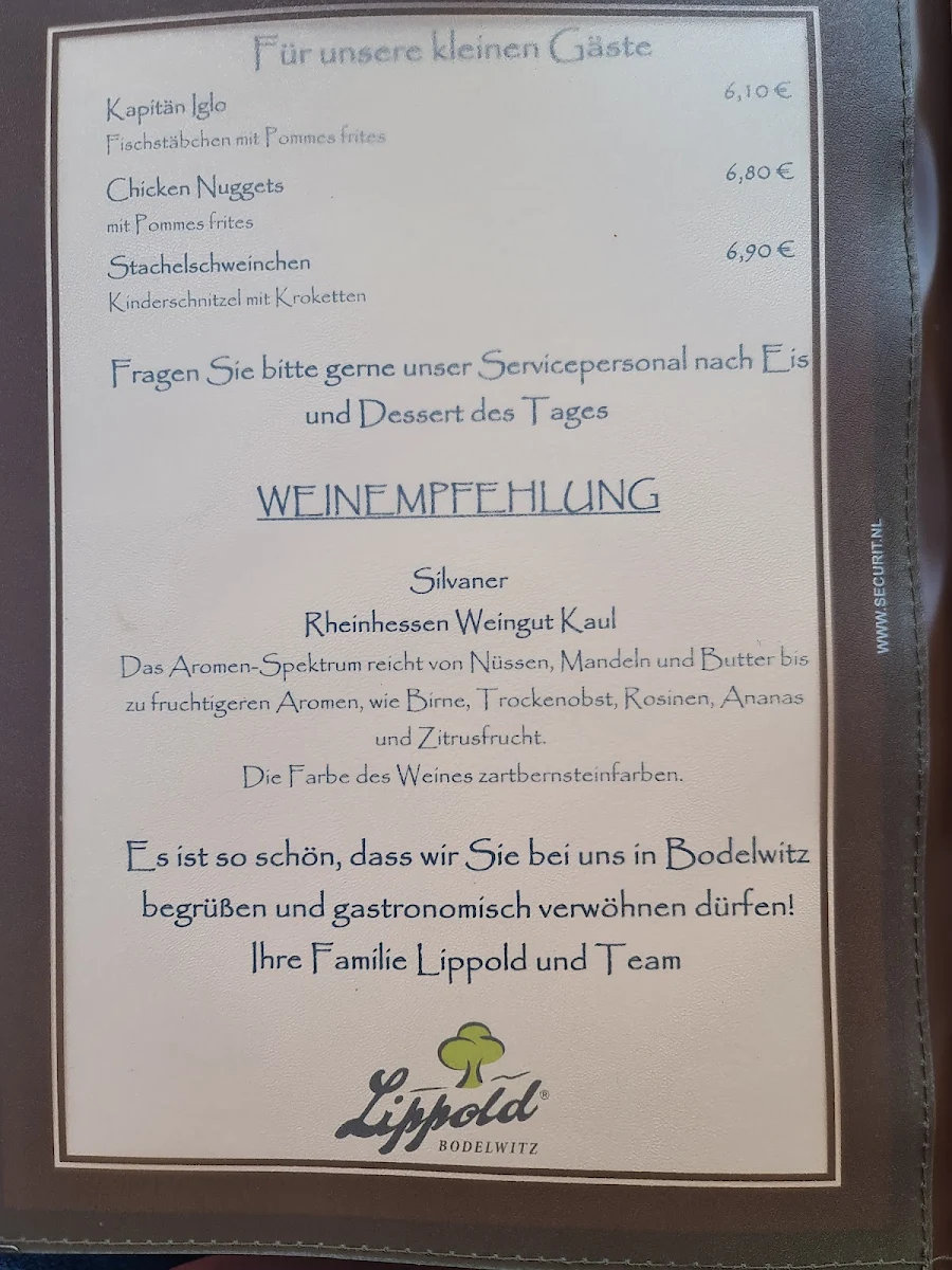 Speisekarte, Lippold der Gasthof Zum Grünen Baum Bodelwitz