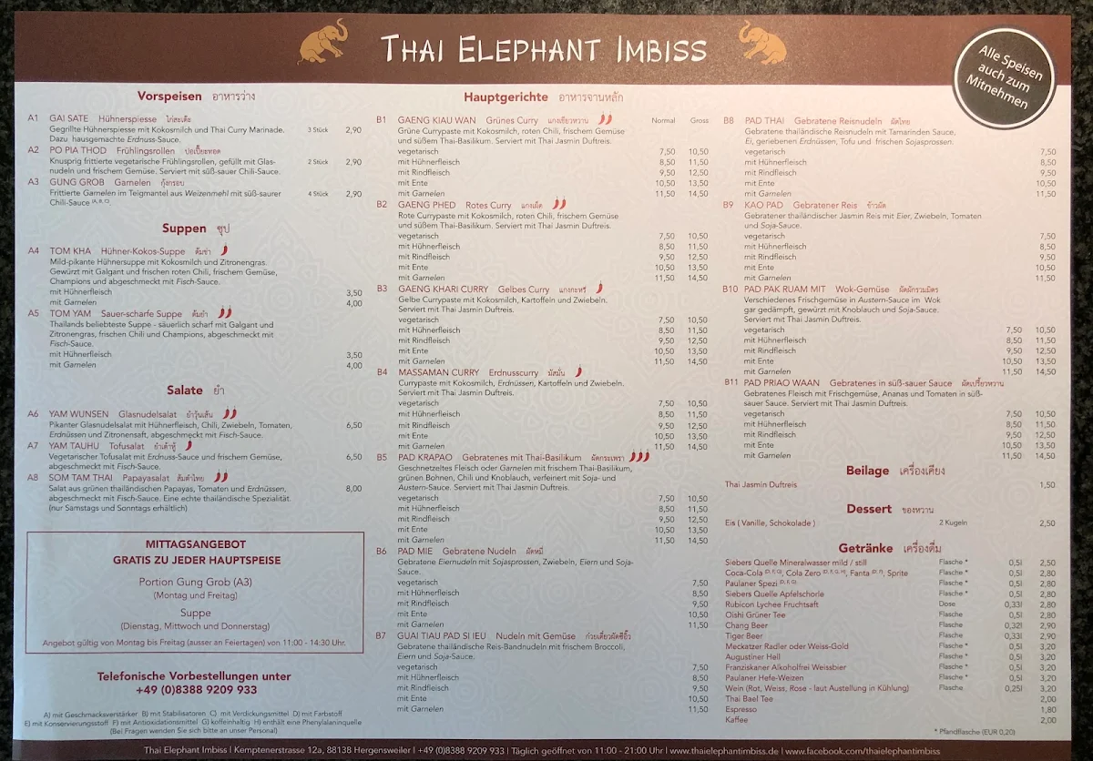 Speisekarte, Thai Elephant Imbiss