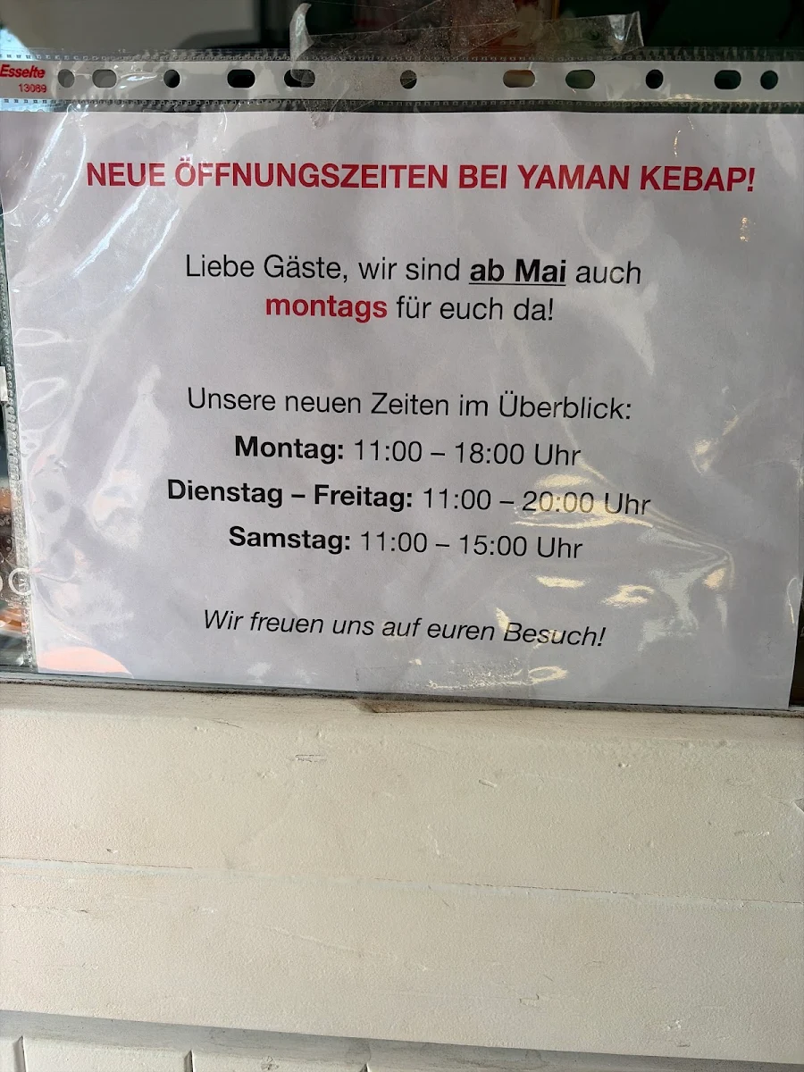 Speisekarte, Yaman Kebap & Pizza