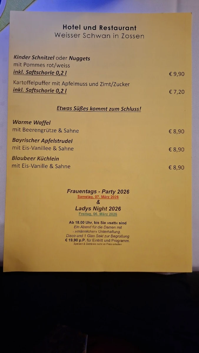 Speisekarte, Restaurant Weisser Schwan