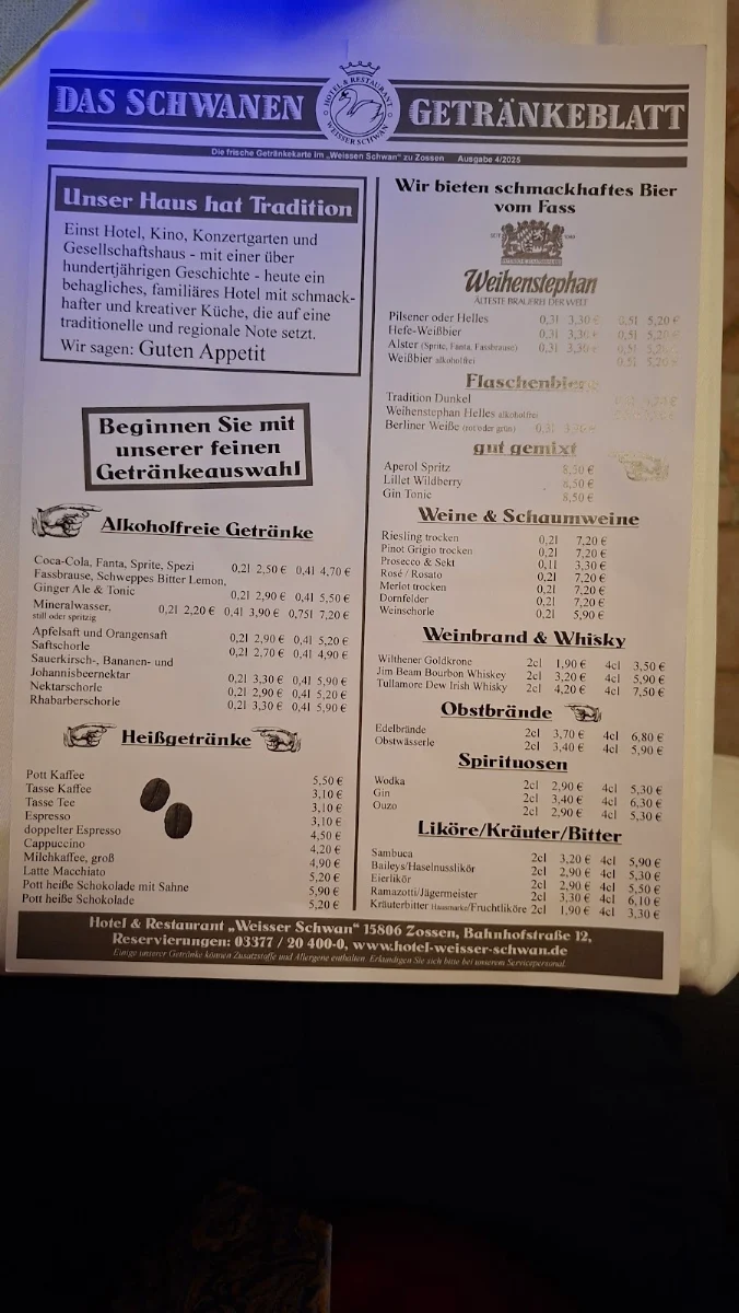 Speisekarte, Restaurant Weisser Schwan