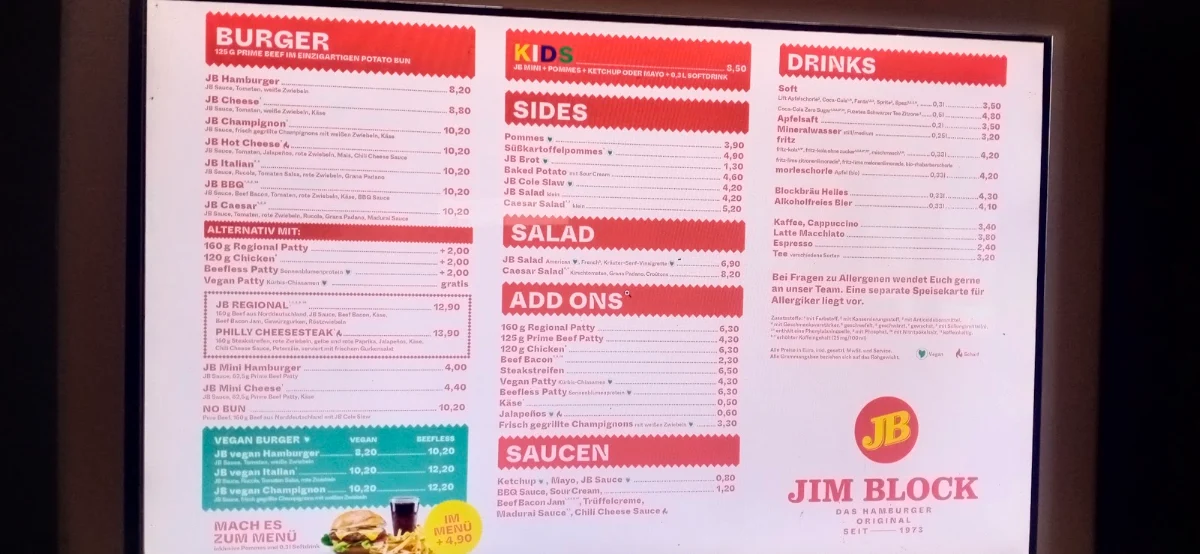 Speisekarte, Jim Block Am Kröpcke