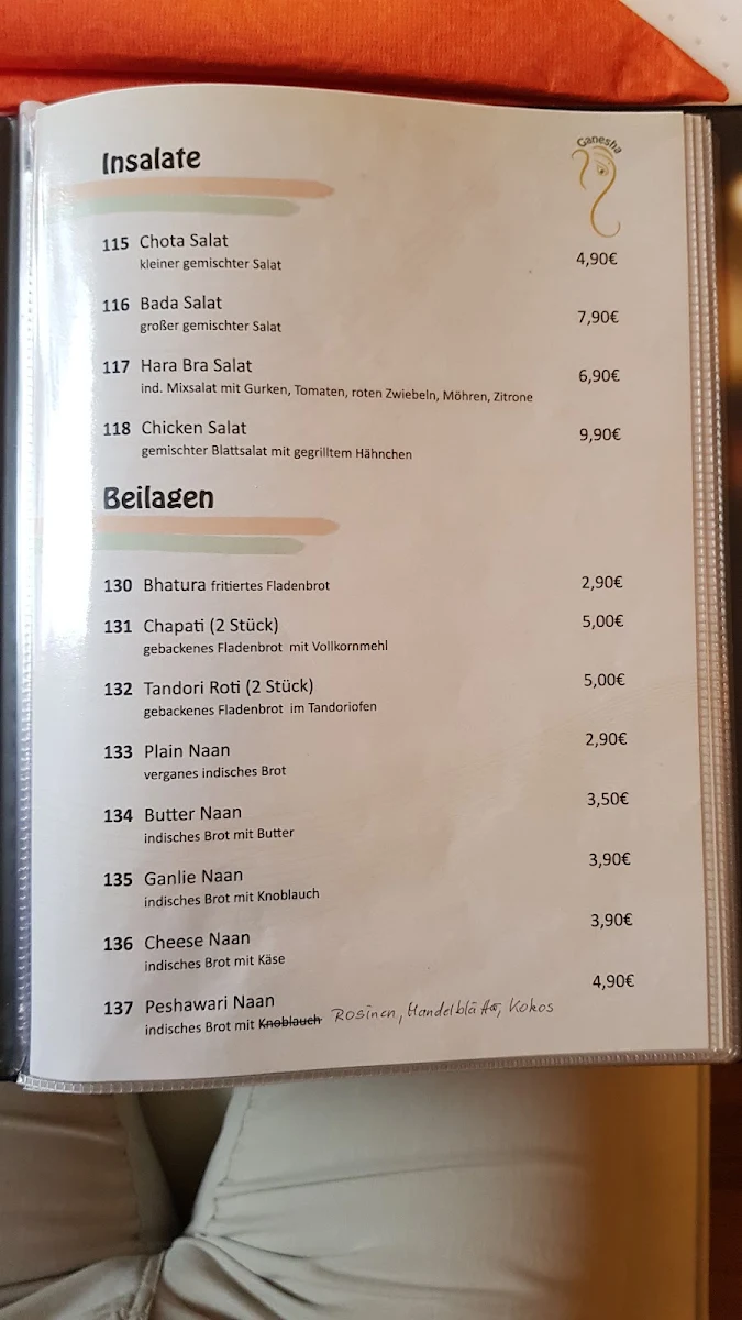 Speisekarte, Ganesha Restaurant