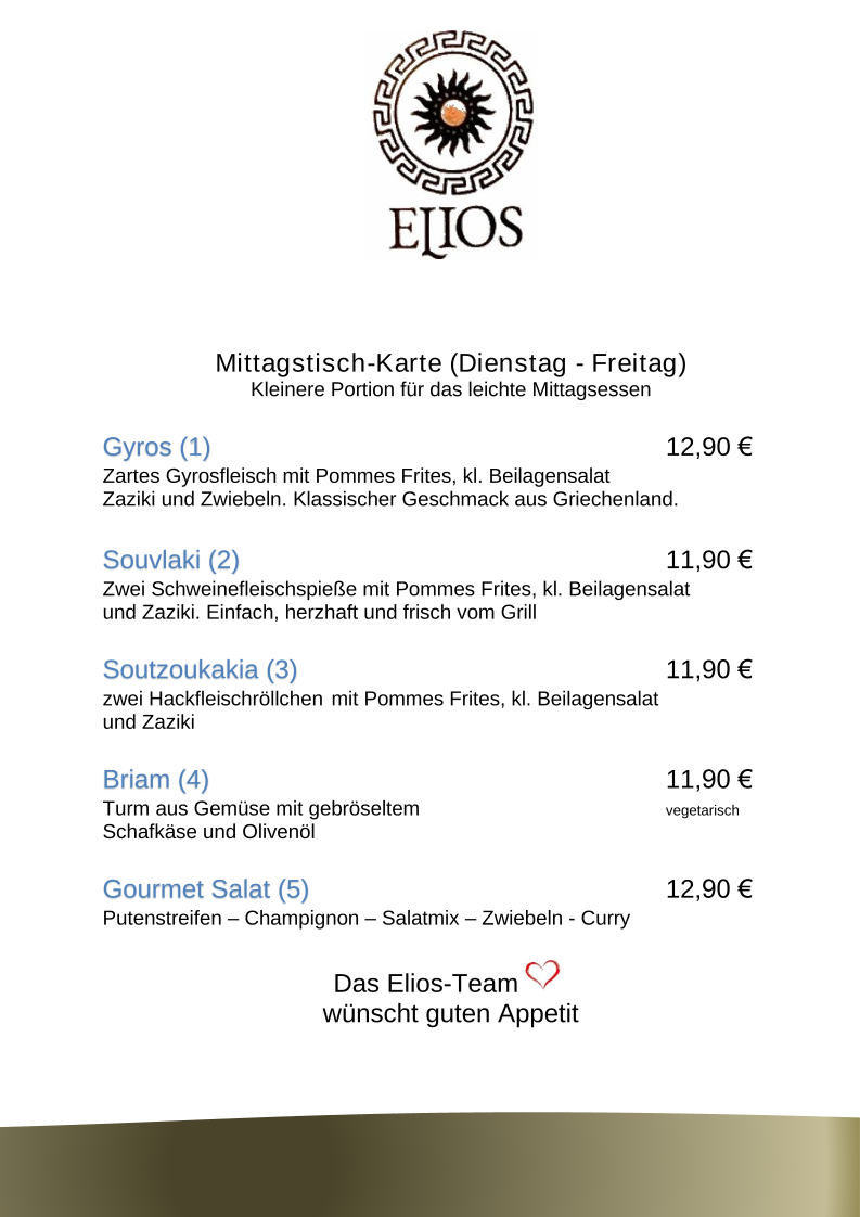 Speisekarte, Restaurant Elios