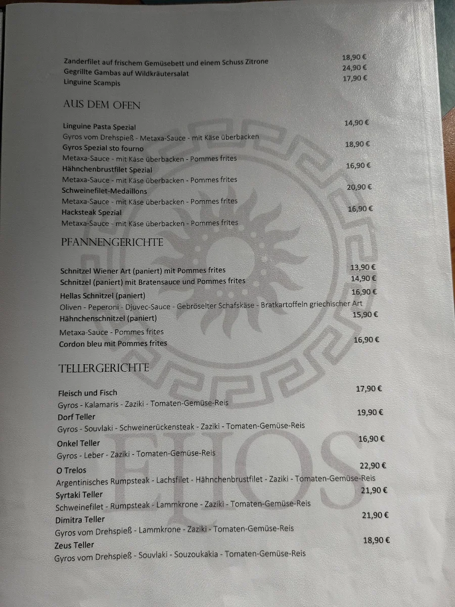 Speisekarte, Restaurant Elios