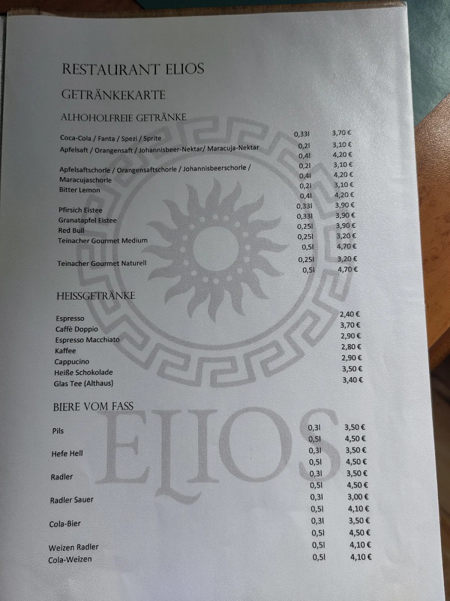 Speisekarte, Restaurant Elios