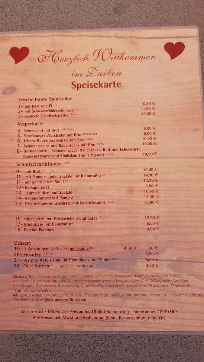 Speisekarte, Bergvesperstube Durben