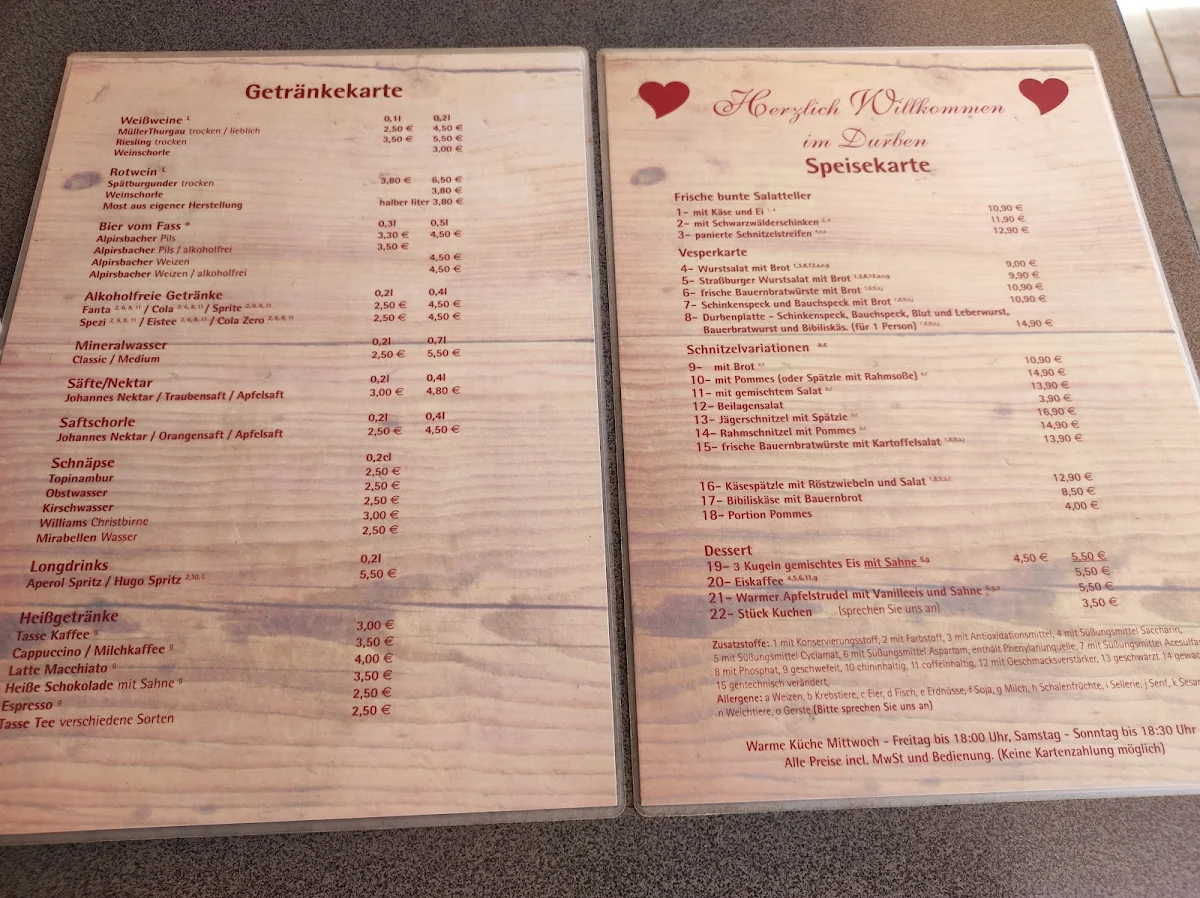 Speisekarte, Bergvesperstube Durben