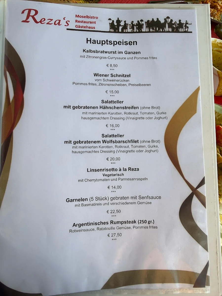Speisekarte, Reza's Restaurant Moselterrasse Gästehaus