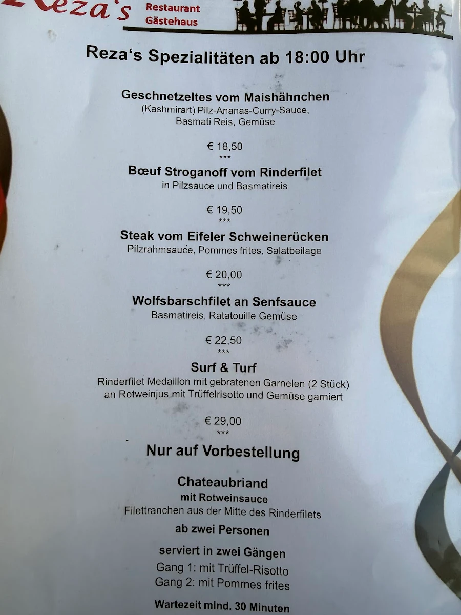 Speisekarte, Reza's Restaurant Moselterrasse Gästehaus
