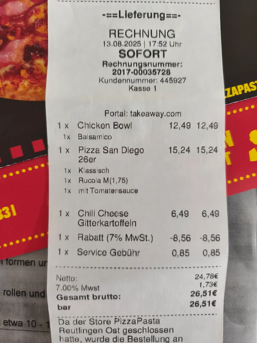 Speisekarte, Pizza Pasta Reutlingen