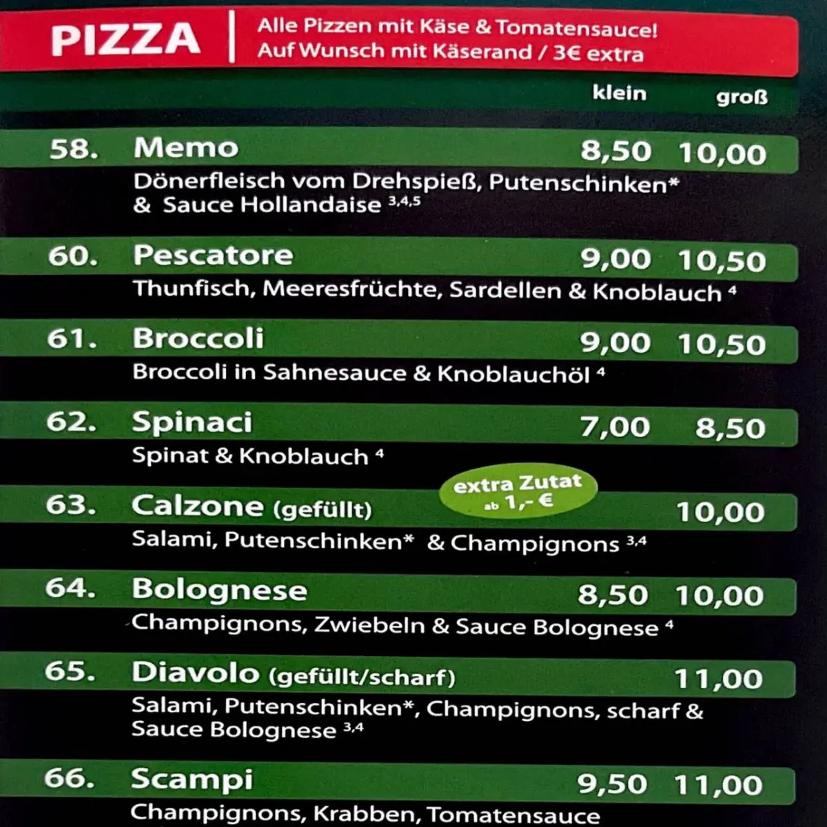Speisekarte, Pizzeria Bella Italia