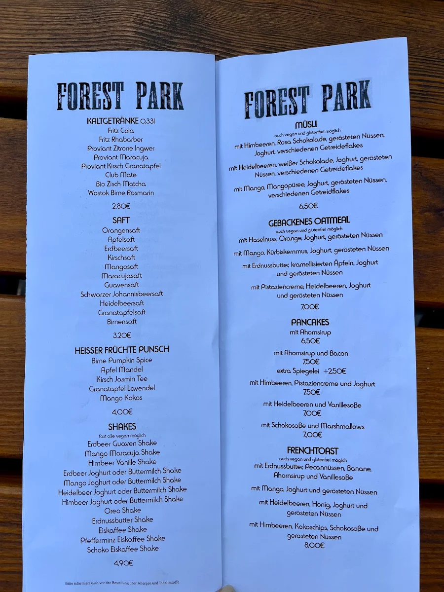 Speisekarte, Forest Park Leipzig - Der knusprige Frühstücksladen