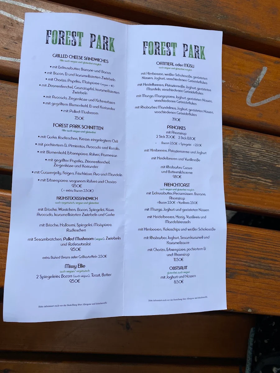 Speisekarte, Forest Park Leipzig - Der knusprige Frühstücksladen