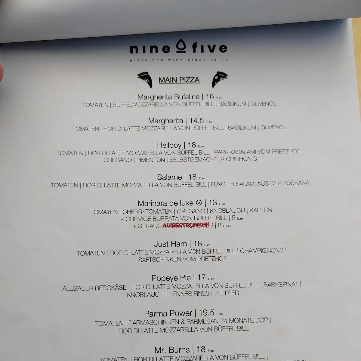 Speisekarte, nineOfive Regensburg