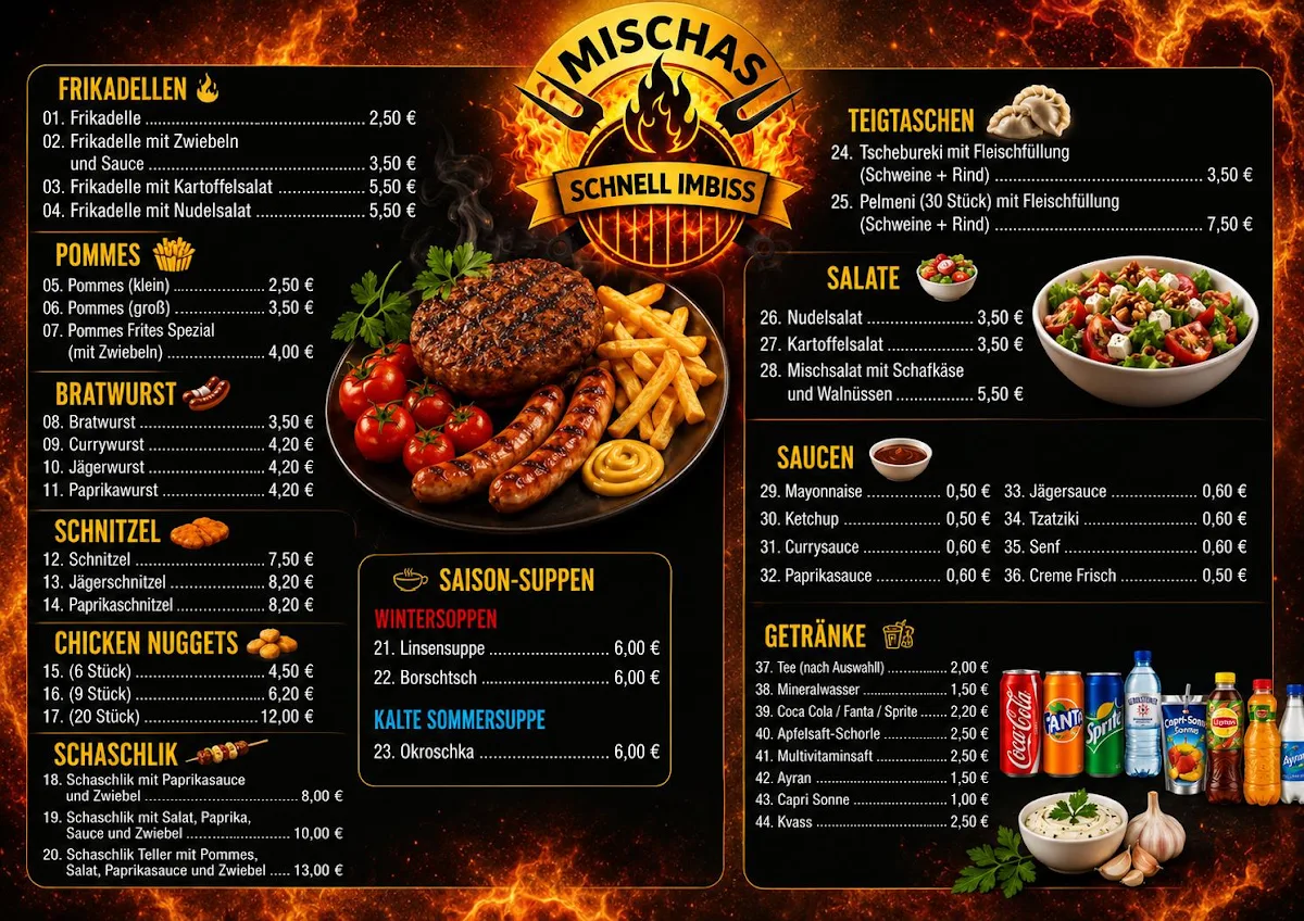 Speisekarte, Mischa’s Schnell Imbiss