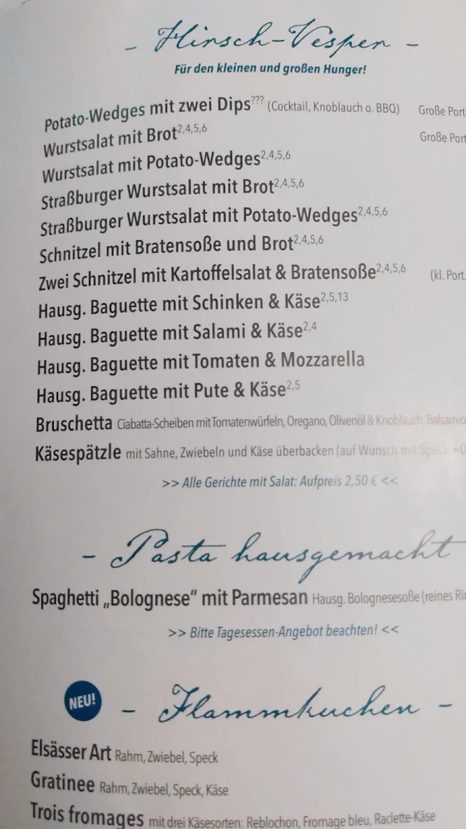 Speisekarte, Platz.Hirsch