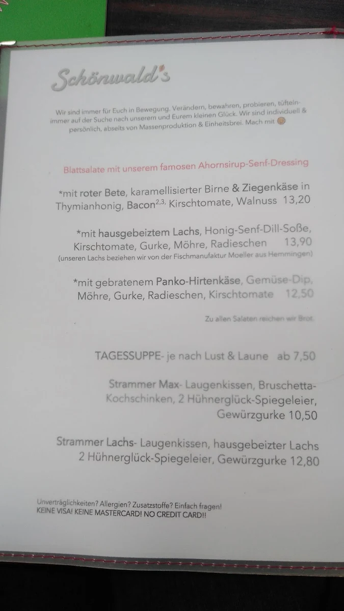 Speisekarte, Schönwald’s