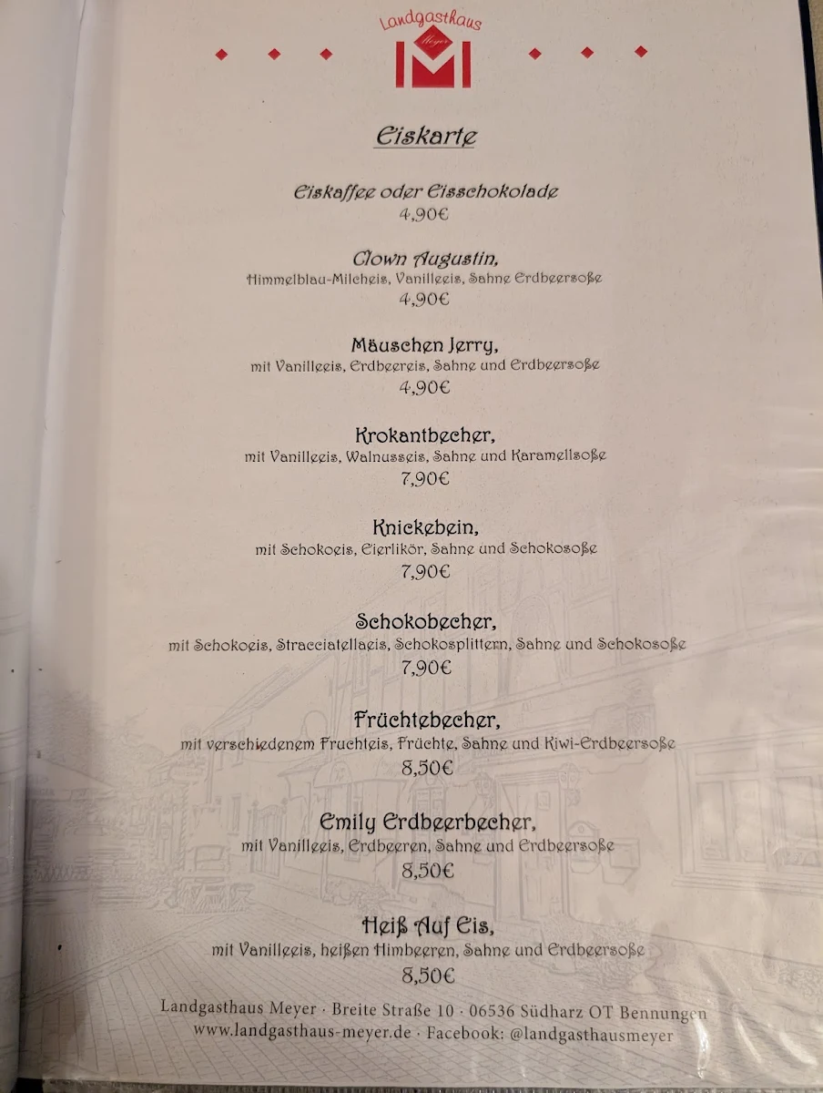 Speisekarte, Landgasthaus Meyer