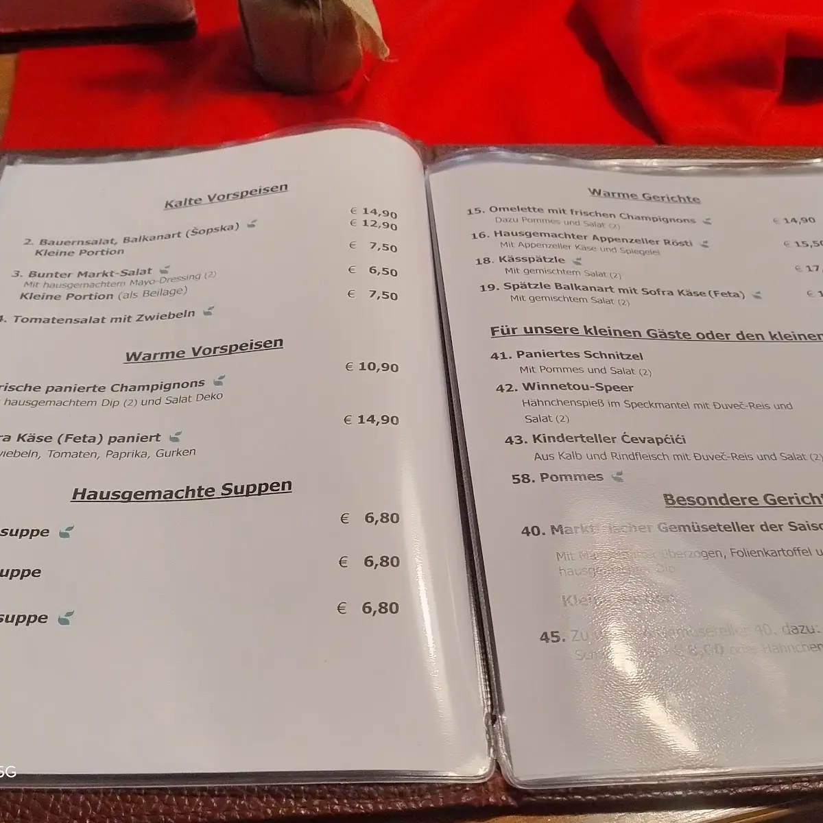 Speisekarte, Balkanrestaurant „Zur Flasche“